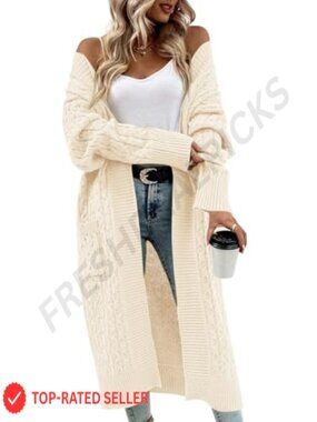Womens Long Cable Knit Open Front Cardigan Sweater with Pockets